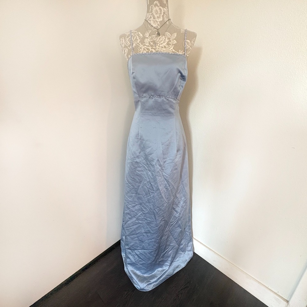 Forever Yours Vintage 90s Baby Blue Satin Beaded Maxi Dress Size S-M